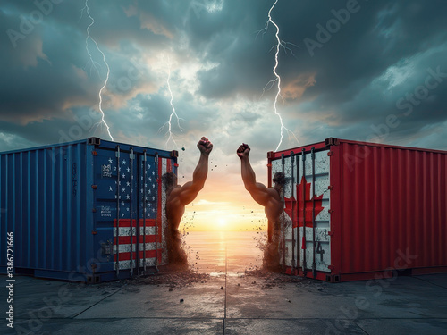 Trade War, U.S. and Canada Trade, Clash at Sunset with Lightning, Tariff war, Shipping Containers Elbows Up  
