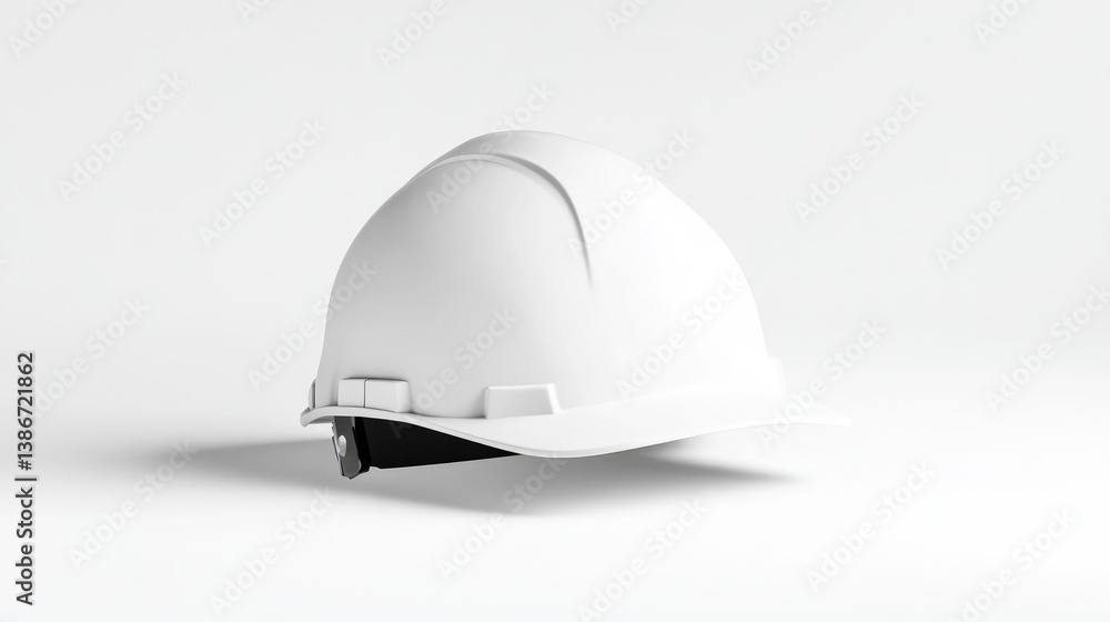A white hard hat sits on a plain white background. Its shown in a three-quarter view. The image is clean and simple. High resolution and soft lighting are used. The style is minimalist and modern. A white hard hat sits on a plain white background. Its shown in a three-quarter view. The image is clean and simple. High resolution and soft lighting are used. The style is minimalist and modern.