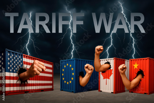 Tariff War Standoff Between Nations in Storm, trade, Shipping containers, Elbows up, Fists raised