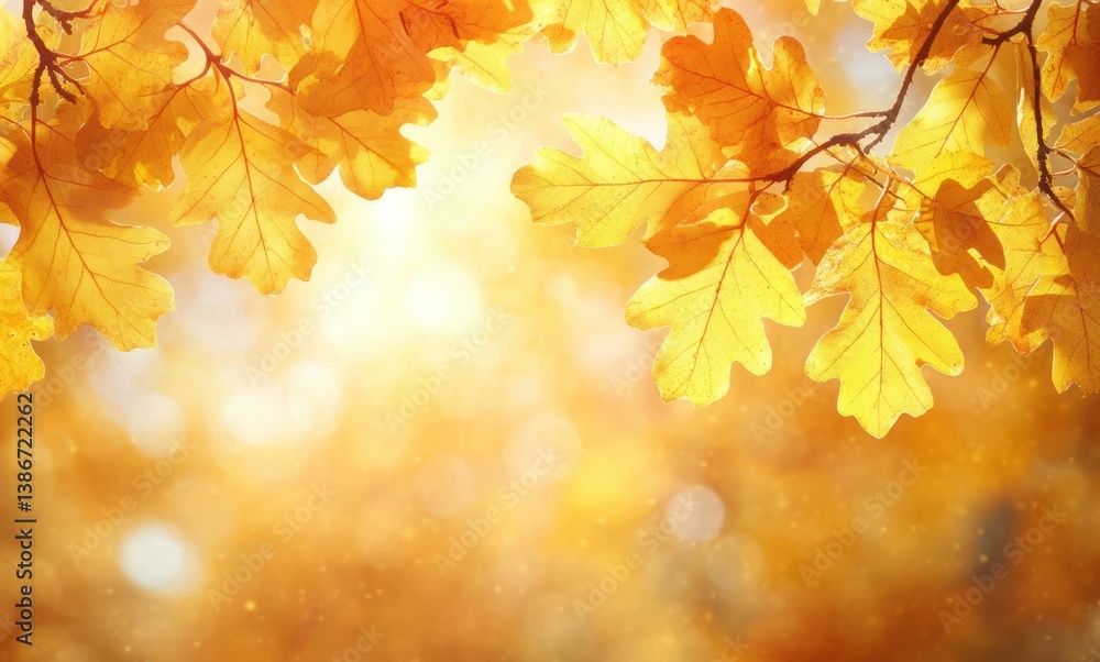 Fototapeta premium Golden Autumn Oak Leaves Soft Bokeh Background Warm Sunlight Rays