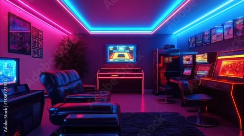 Retro-inspired gaming room with neon lights and classic arcade machines