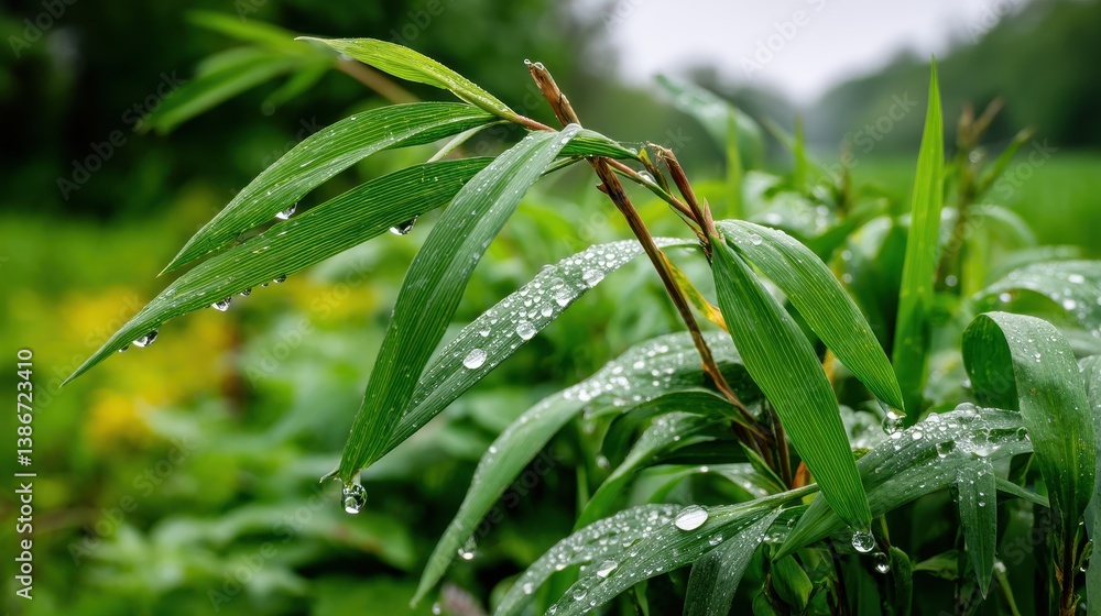 Obraz premium Lush Green Bamboo Leaves Glistening with Dew Drops after a Gentle Rain A Perfect Nature Close Up