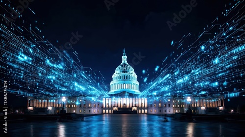 Glowing high-tech digital data streams surrounding the illuminated US Capitol Building at night, representing artificial intelligence, machine learning integration, and futuristic smart city urbanizat
