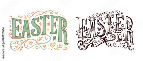 Hand drawn vintage sketch of decorative Easter lettering with ornaments in color and black lines