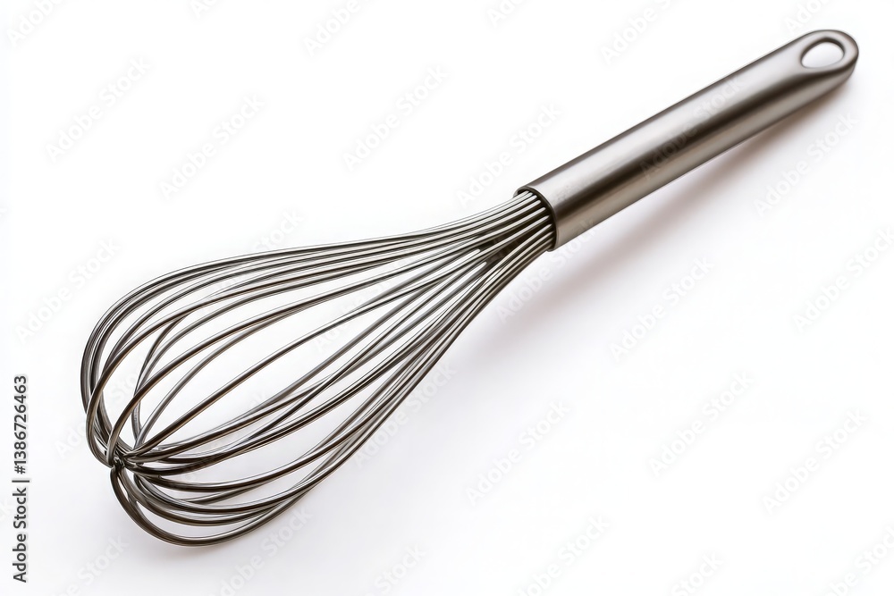Stainless Steel Whisk on a White Background for Kitchenware Advertisement Showcasing Modern Cooking Tools Stainless Steel Whisk on a White Background for Kitchenware Advertisement Showcasing Modern Cooking Tools