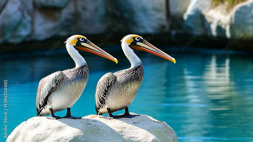 Pelicans resting by a serene blue water body in a sunny outdoor location
