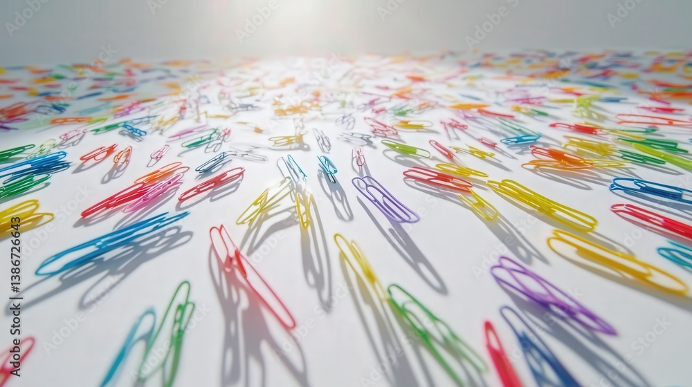 Fototapeta premium colorful paper clips on a white surface, emphasizing the concept of office organization.