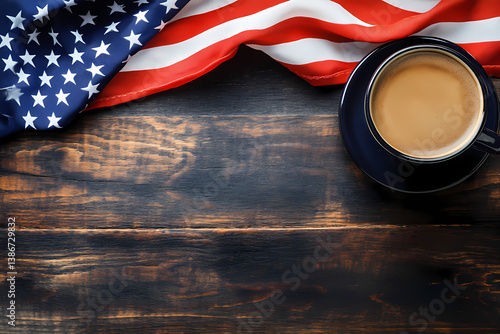 Patriotic Coffee Break: A cozy scene features a steaming cup of coffee alongside the American flag laid on a rustic wooden table, creating a warm feeling for holiday