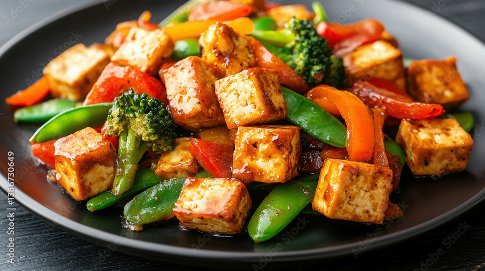 Fresh Stir-Fried Vegetables with Tofu Cubes Served on a Black Plate for Healthy Eating Fresh Stir-Fried Vegetables with Tofu Cubes Served on a Black Plate for Healthy Eating