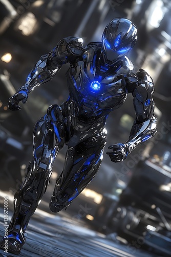 Futuristic cyborg runs city streets