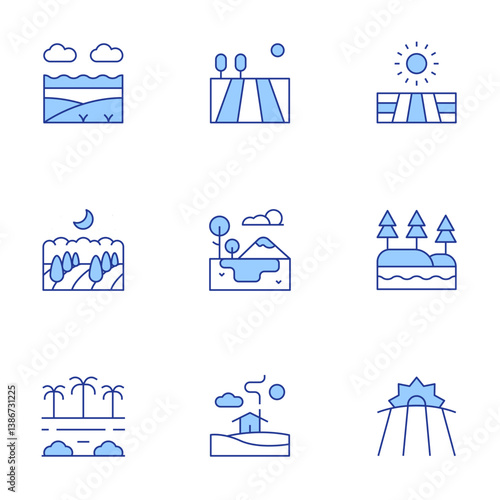 Rural icons set. Line Duotone style, editable stroke. machair, house, field, lake, rainforest, country, taiga