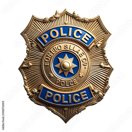 Embossed police badge icon with silver and gold detailing, classic law enforcement shield isolated for digital use