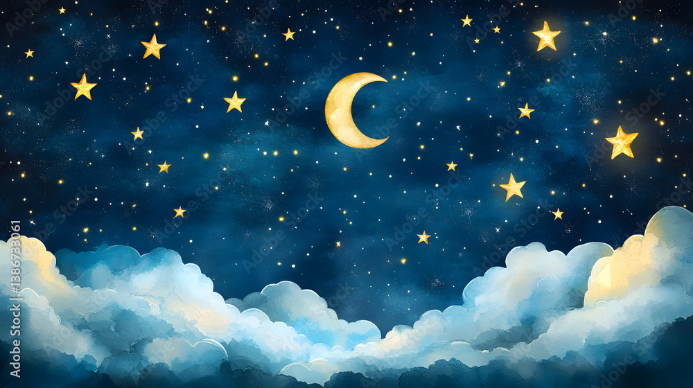 A painting of a night sky with stars and two crescent moons A painting of a night sky with stars and two crescent moons