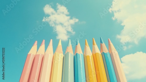 Pencils in pastel shades stand upright against a light blue wall, with soft, painted clouds in the background.