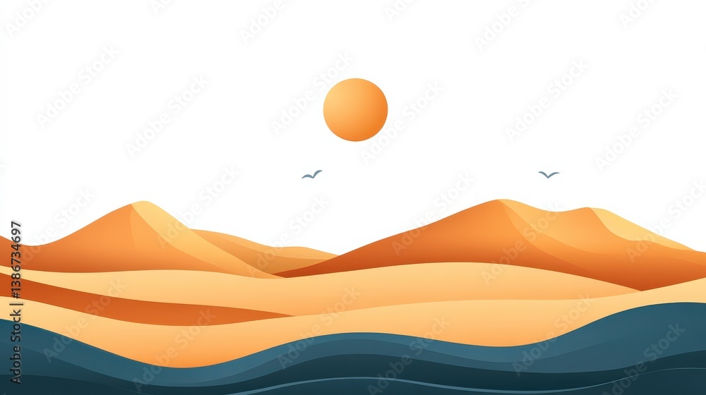 Serene Abstract Landscape with Sun and Gentle Waves in Warm Tones Serene Abstract Landscape with Sun and Gentle Waves in Warm Tones