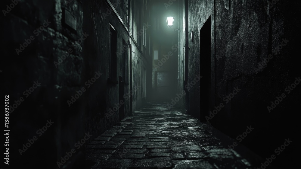 Dark alleyway with cobblestone street and dim lighting. Dark alleyway with cobblestone street and dim lighting.