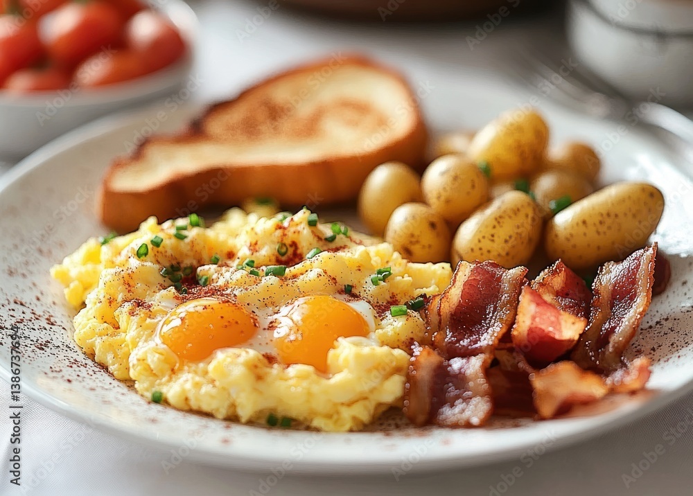 Scrambled Eggs with Crispy Bacon Toast and Roasted Potatoes Breakfast Scrambled Eggs with Crispy Bacon Toast and Roasted Potatoes Breakfast