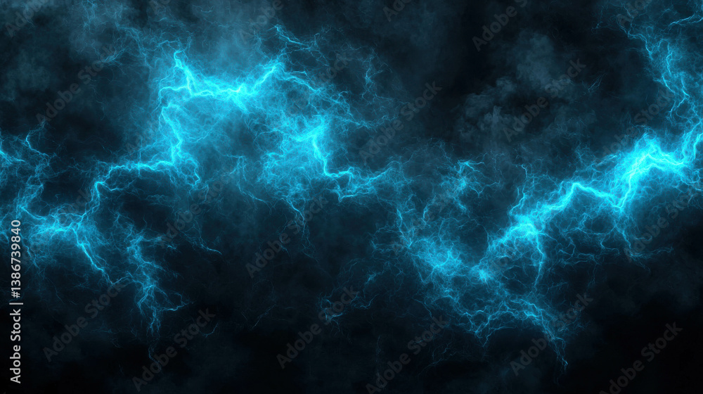 Fototapeta premium Dramatic Electric Blue Lightning Strikes over Dark Stormy Background with Intense Energy