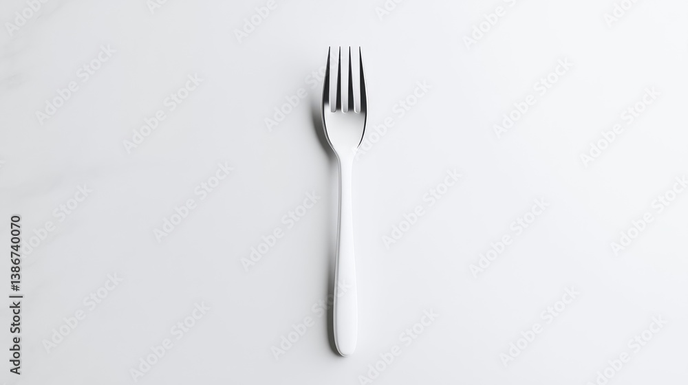 A white-handled fork with metallic tines rests centrally on a white surface. The image is simple, clean, and well-lit. It features minimal composition and high contrast. The style is minimalist and A white-handled fork with metallic tines rests centrally on a white surface. The image is simple, clean, and well-lit. It features minimal composition and high contrast. The style is minimalist and