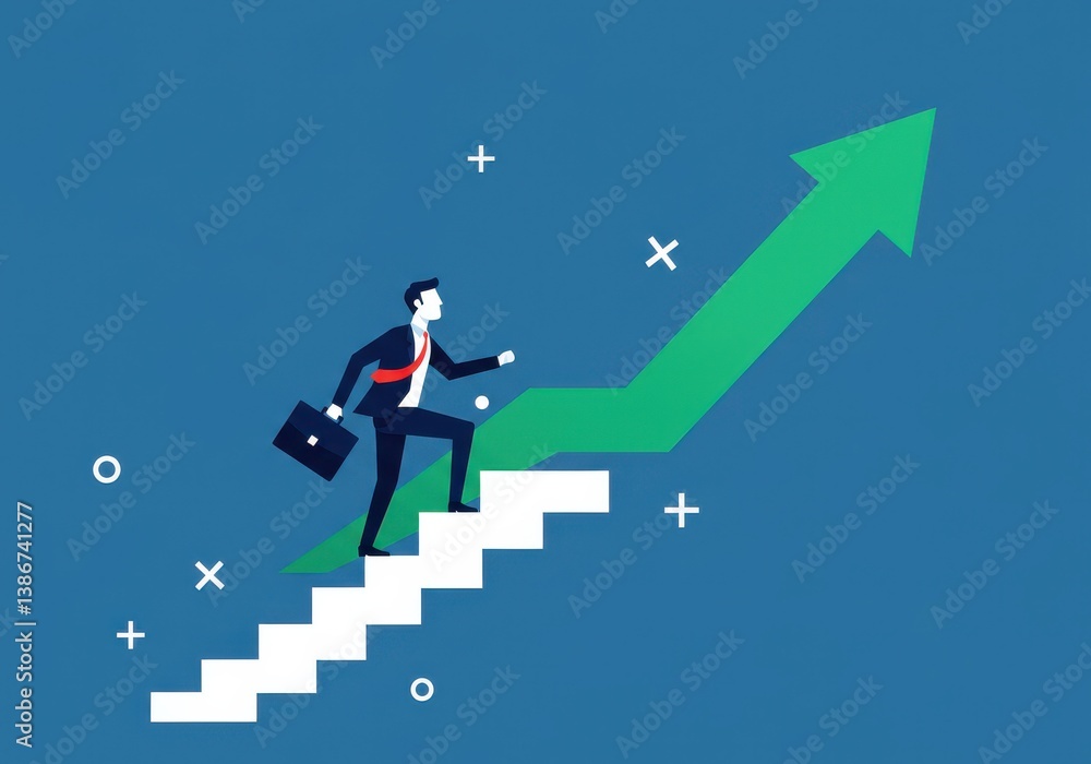 A man in a suit climbing white stairs with a green arrow going up on a blue background with shapes A man in a suit climbing white stairs with a green arrow going up on a blue background with shapes