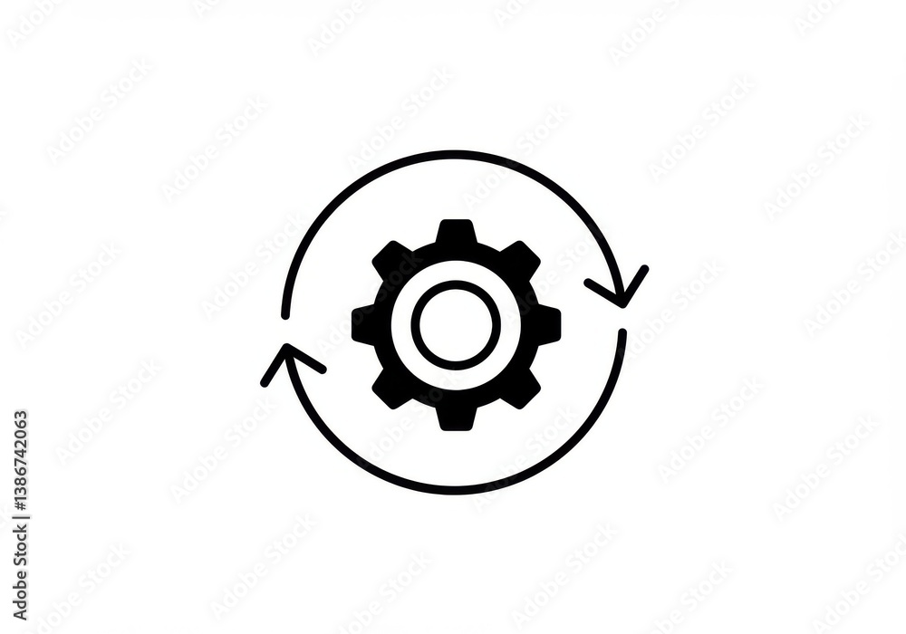 Black gear icon with circular arrows indicating rotation on a plain white background in simple style Black gear icon with circular arrows indicating rotation on a plain white background in simple style