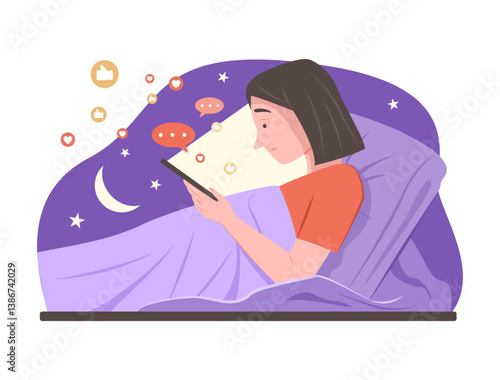Woman Watching Social Media Content and Chatting on Smartphone Before Sleep at Night for Social Media Addiction and FOMO Concept Illustration