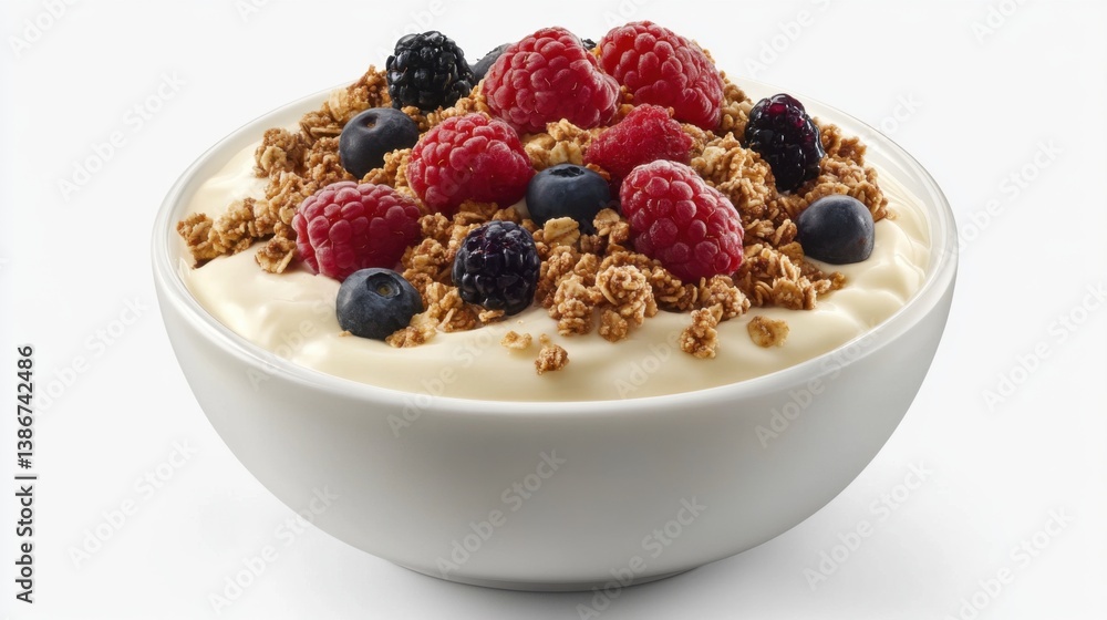 A bowl of creamy yogurt topped with granola and fresh berries. Featuring nourishment and lightness A bowl of creamy yogurt topped with granola and fresh berries. Featuring nourishment and lightness