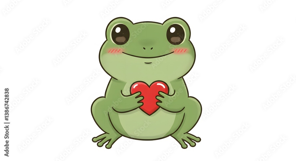 Kawaii Frog Holding Red Heart and Smiling on White Background Kawaii Frog Holding Red Heart and Smiling on White Background