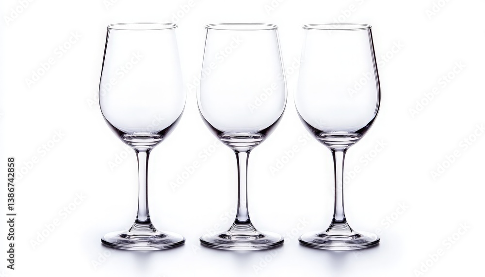 Three Elegant Empty Wine Glasses on a Crisp White Background, Ideal for Dining Settings, Event Promotion, and Stylish Table Arrangements Three Elegant Empty Wine Glasses on a Crisp White Background, Ideal for Dining Settings, Event Promotion, and Stylish Table Arrangements