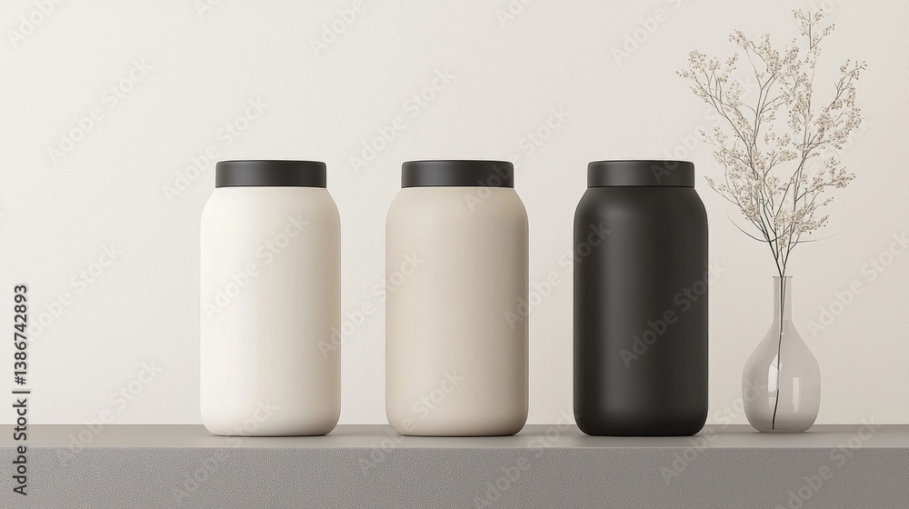 Three minimalist, blank cosmetic jars in cream, beige, and black sit on a shelf, alongside a small vase with dried flowers. A neutral, modern aesthetic is presented Three minimalist, blank cosmetic jars in cream, beige, and black sit on a shelf, alongside a small vase with dried flowers. A neutral, modern aesthetic is presented