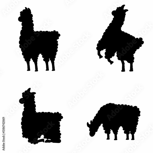 Fun and cute alpaca silhouette set in playful poses and fluffy cartoon style perfect for kids' designs, stickers, prints, and fun animal themed designs.
