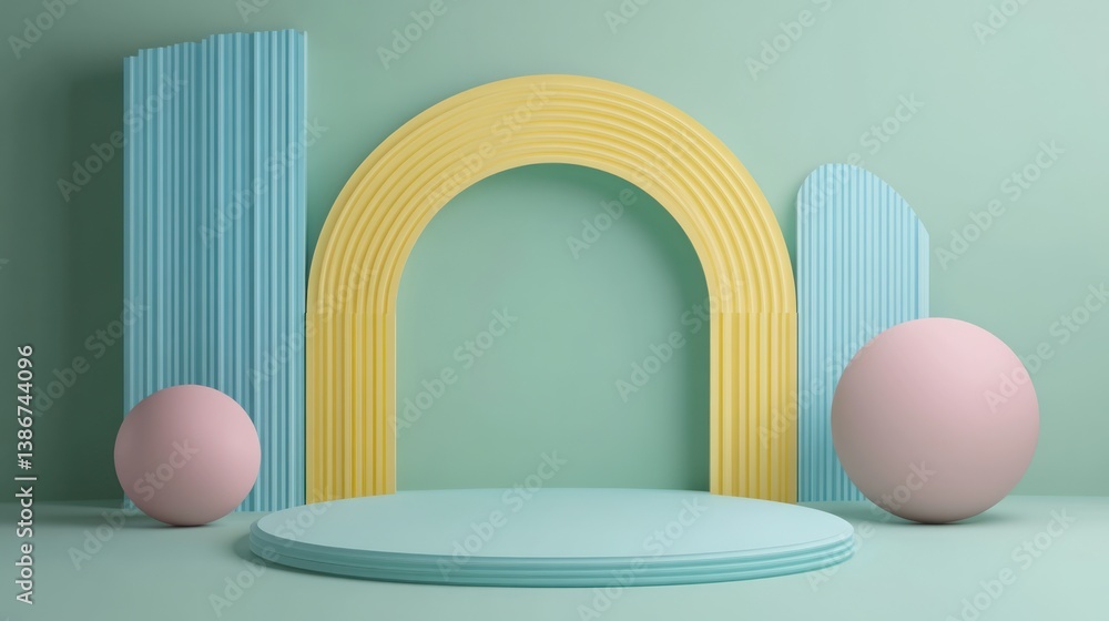 Fototapeta premium Pastel geometric shapes, abstract background, empty display podium, product presentation