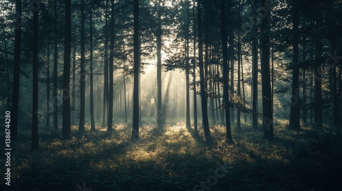 Sunlight filtering through a dense forest creating ethereal atmosphere