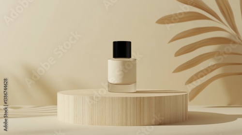 Cream cosmetic bottle on wooden podium, natural light, product display