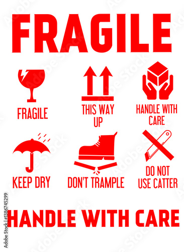 sticker fragile handle with care, red fragile warning label with broken glass symbol, this side up sign,Fragile sticker icon symbol. Handle with care logo sign. Keep dry, This way up. Vector 