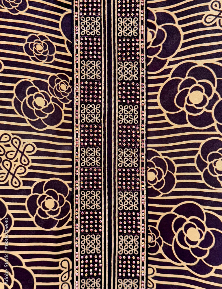 Graphic background with flower and stripes pattern with vertical ornamental lace in gold and dark brown color. Seamless background texture. Graphic background with flower and stripes pattern with vertical ornamental lace in gold and dark brown color. Seamless background texture.
