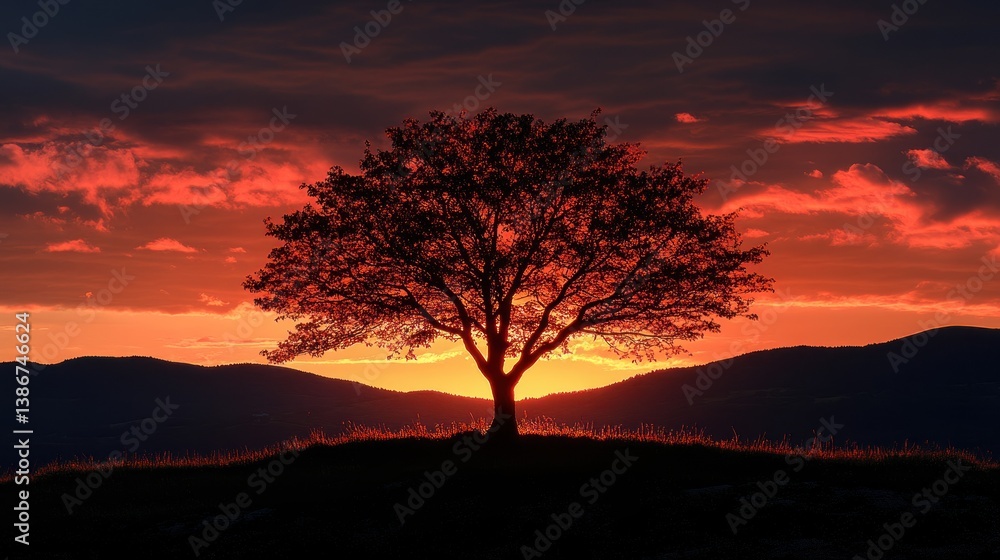 Solitary tree silhouetted against a vibrant sunset over rolling hills. Solitary tree silhouetted against a vibrant sunset over rolling hills.