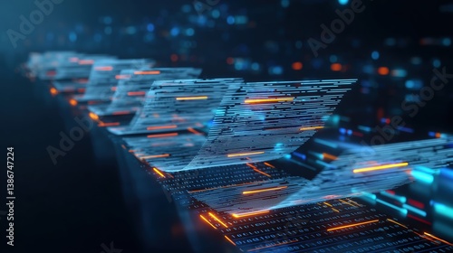 Dynamic futuristic digital data transfer concept with glowing blue and orange neon lights, floating holographic documents and abstract technology elements on dark background. High-resolution illustrat