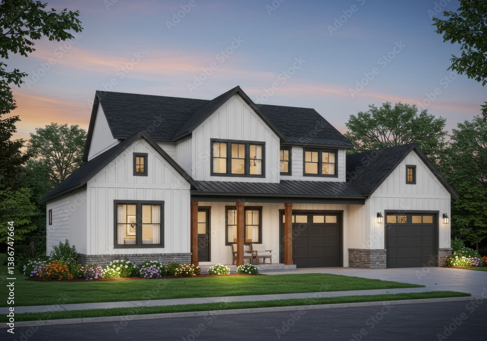 A modern farmhouse with white siding and black trim under a twilight sky with green lawn and trees A modern farmhouse with white siding and black trim under a twilight sky with green lawn and trees