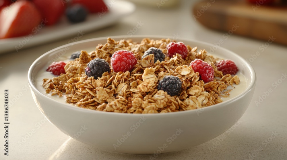 A bowl of fresh homemade granola with almond milk and berries. Featuring crunch, texture, and nutrition A bowl of fresh homemade granola with almond milk and berries. Featuring crunch, texture, and nutrition