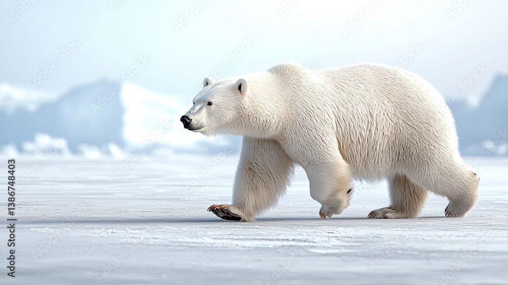 Polar bear walking on icy terrain with snow-capped mountains backdrop, showcasing Arctic wildlife beauty. Polar bear walking on icy terrain with snow-capped mountains backdrop, showcasing Arctic wildlife beauty.
