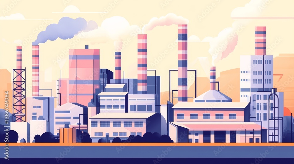 Factory with chimneys emitting smoke against a yellow sky. Factory with chimneys emitting smoke against a yellow sky.