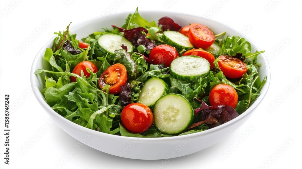 A bowl of fresh mixed greens with cherry tomatoes, cucumbers, and olive oil. Featuring health and vitality A bowl of fresh mixed greens with cherry tomatoes, cucumbers, and olive oil. Featuring health and vitality