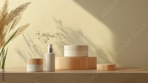 Wallpaper Mural Natural skincare product display on wooden podiums Torontodigital.ca