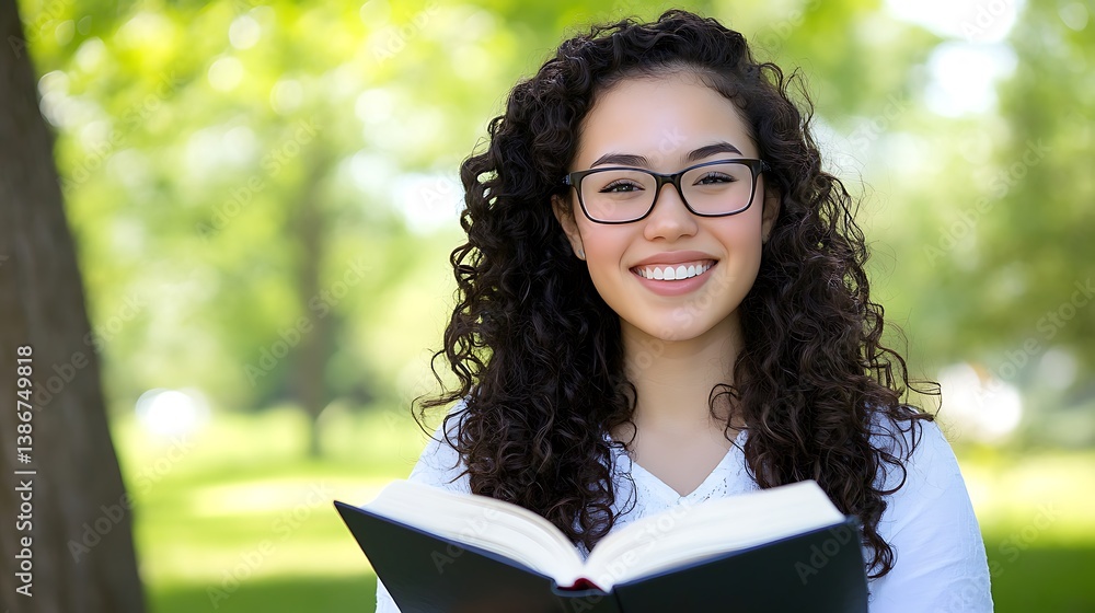 Fototapeta premium Smiling Girl Holding Book on Sunny Day in Beautiful Park Setting