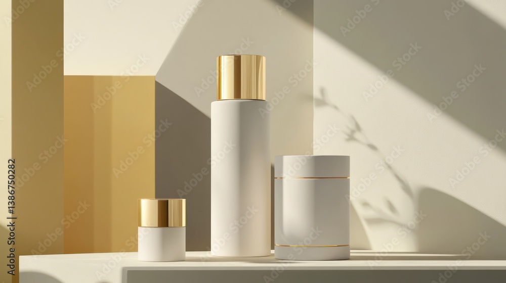 Cream bottles, geometric backdrop, sunlit display, product presentation, aesthetic Cream bottles, geometric backdrop, sunlit display, product presentation, aesthetic