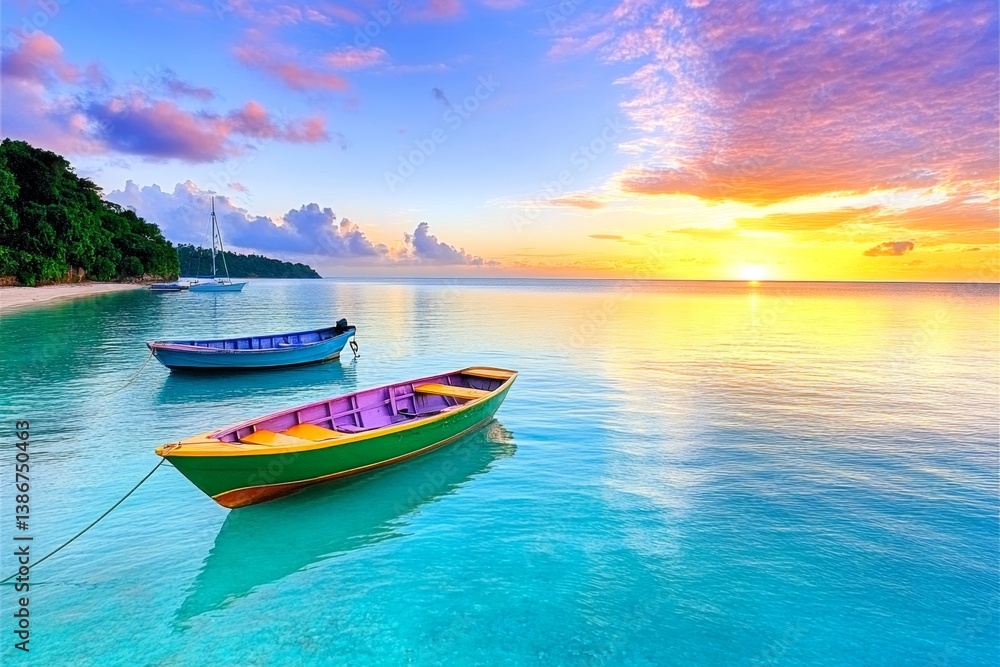 Naklejka premium The Scarborough waterfront in Tobago, with fishing boats anchored in the harbor and a stunning sunset