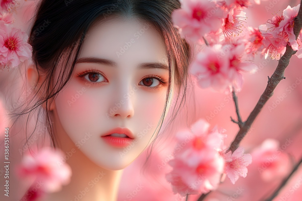 Commercial ad creative. Spring mood, golden hour in sunset. Gorgeous asian young woman surrounded by cherry blossoms. Springtime joy with woman and flowers. Woman posing in spring blossoms. Commercial ad creative. Spring mood, golden hour in sunset. Gorgeous asian young woman surrounded by cherry blossoms. Springtime joy with woman and flowers. Woman posing in spring blossoms.