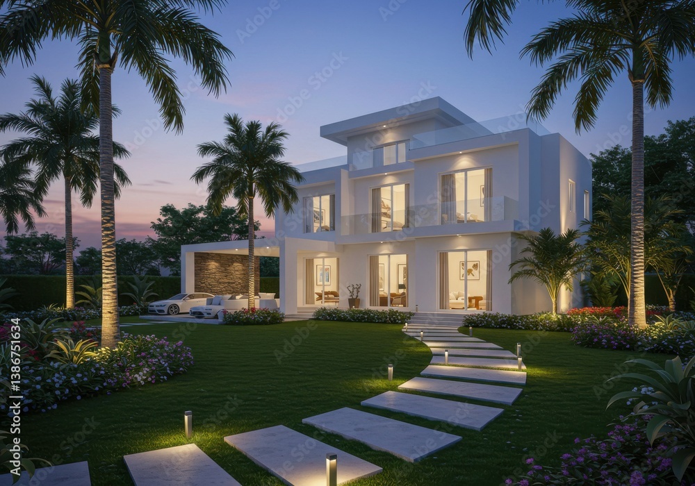 Obraz premium A modern white house with palm trees and a stone path at dusk showcasing luxury and architectural design