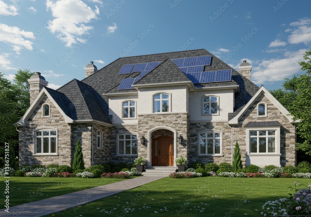 Exterior view of a large stone house with solar panels on the roof under a blue sky with clouds Exterior view of a large stone house with solar panels on the roof under a blue sky with clouds